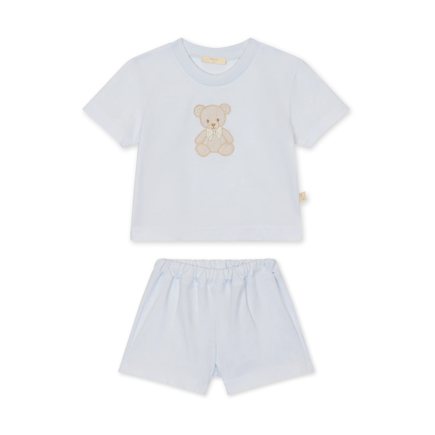 Pigiama bambina in cotone di jersey azzurro con ricamo orsetto