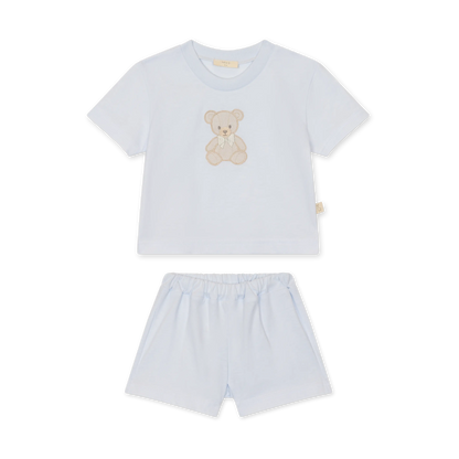 Pigiama bambina in cotone di jersey azzurro con ricamo orsetto
