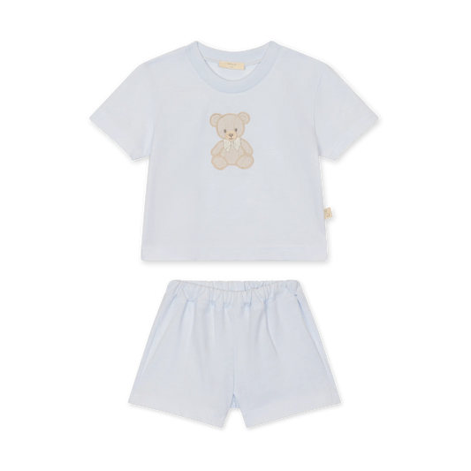 Pigiama bambina in cotone di jersey azzurro con ricamo orsetto