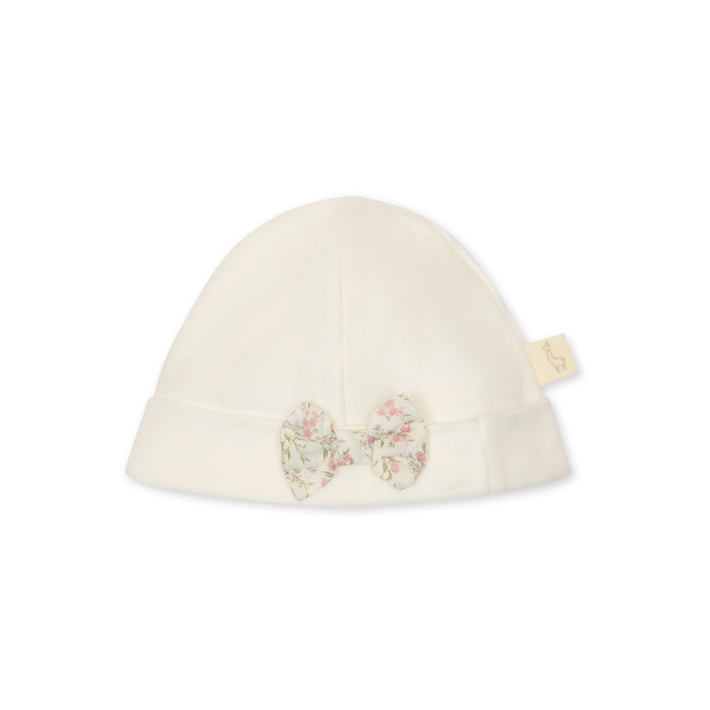 Cappellino in cotone bianco con fiocchetto a fantasia