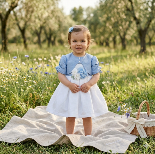 Abito da cerimonia bianco a pieghe con elegante giacchino corto sovrapposto azzurro