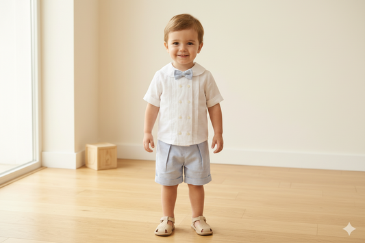 Completo da cerimonia bimbo minimalista con camicia doppiopetto bianca e pantaloncini azzurri