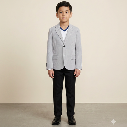 Completo elegante con giacca a righe, t-shirt e pantalone lungo