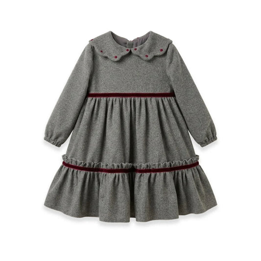Abito da cerimonia bambina grigio perla in flanella e velluto con colletto ricamato