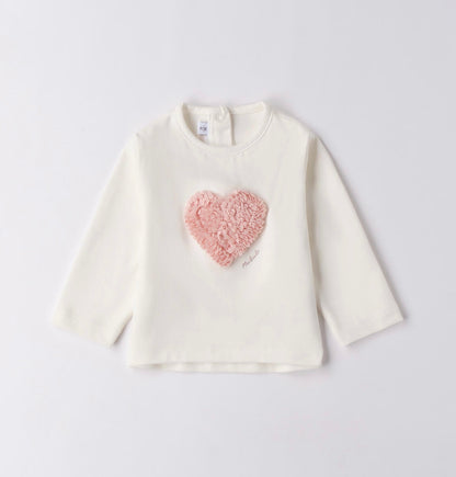 Maglietta neonata panna con cuore in chiffon rosa