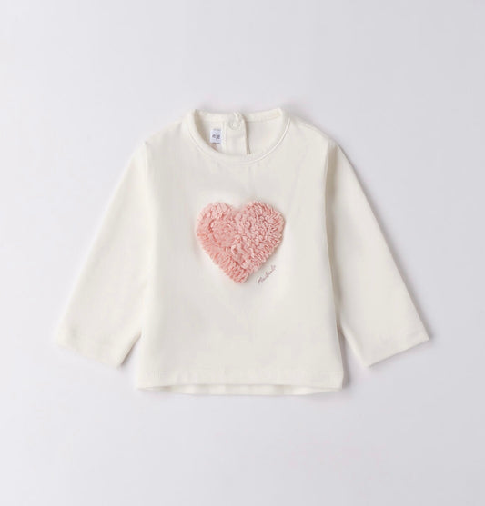 Maglietta neonata panna con cuore in chiffon rosa