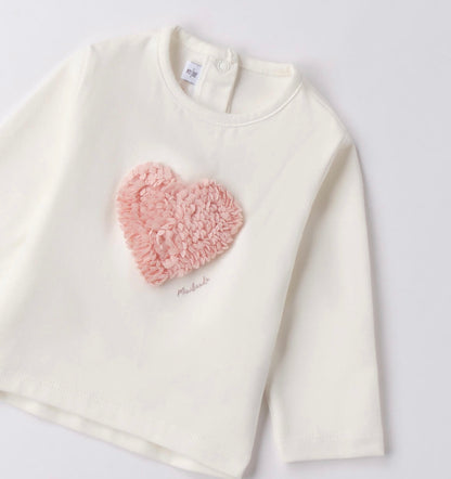 Maglietta neonata panna con cuore in chiffon rosa