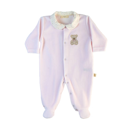 Tutina teddy rosa con colletto e apertura sul davanti