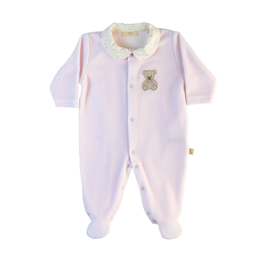 Tutina teddy rosa con colletto e apertura sul davanti