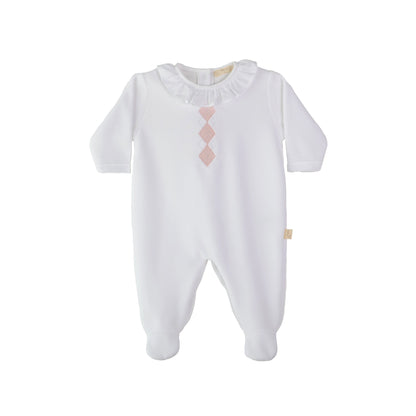 Tutina Preppy in ciniglia bianca con ricamo rombi rosa