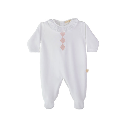 Tutina Preppy in ciniglia bianca con ricamo rombi rosa
