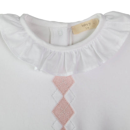Tutina Preppy in ciniglia bianca con ricamo rombi rosa