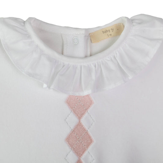 Tutina Preppy in ciniglia bianca con ricamo rombi rosa