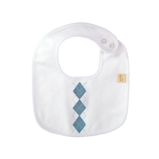Bavetta neonato Preppy bianco con ricamo rombi in azzurro