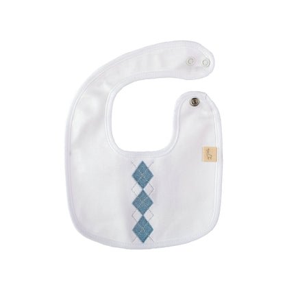 Bavetta neonato Preppy bianco con ricamo rombi in azzurro