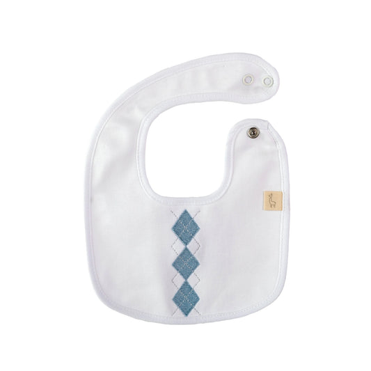Bavetta neonato Preppy bianco con ricamo rombi in azzurro