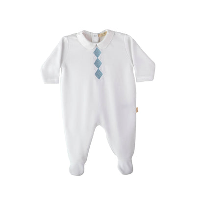 Tutina in ciniglia neonato Preppy bianca con ricamo rombi in  azzurro