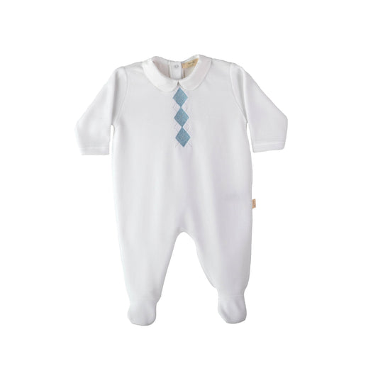 Tutina in ciniglia neonato Preppy bianca con ricamo rombi in  azzurro