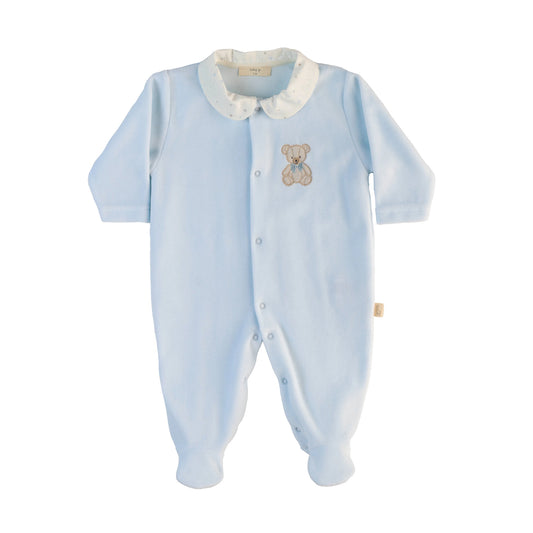 Tutina in ciniglia azzurra con colletto e ricamo orso