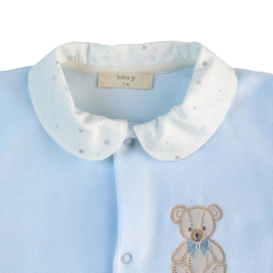 Tutina in ciniglia azzurra con colletto e ricamo orso