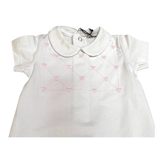 Pagliaccetto neonata con colletto , ricamo cuori rosa.