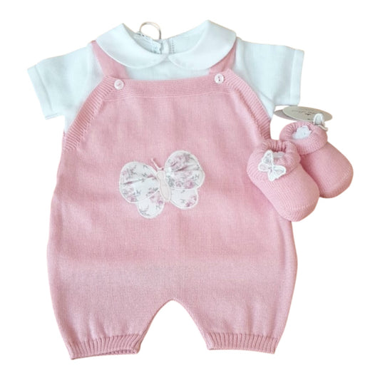 Salopette neonata rosa con polo bianca, e babbucce abbinate.