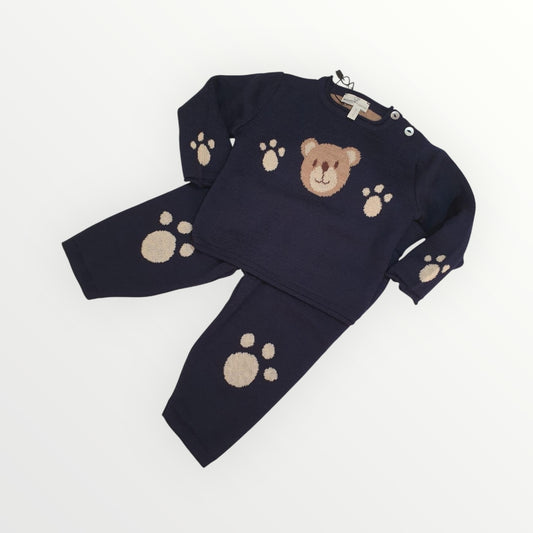 Completo Neonato in lana merino Blu Navy con Orsetto e Impronte