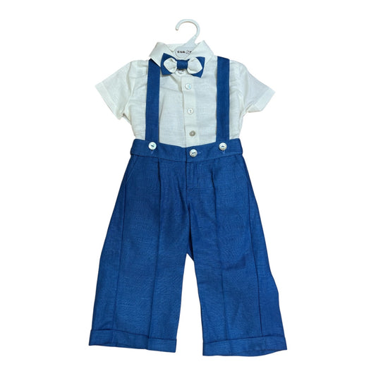 Completo maschio in misto lino, nel colore blu acino e camicia bianca .