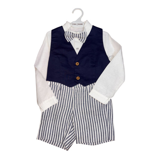 Completo bambino nei toni del blu e bianco , realizzato in lino.