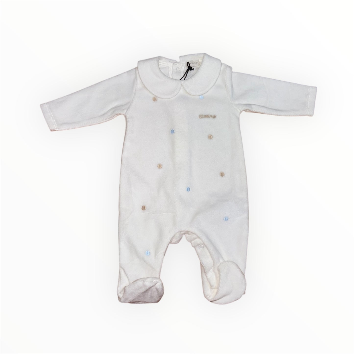 Tutina in ciniglia panna con ricami in contrasto