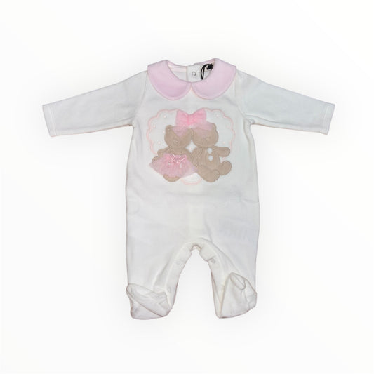 Tutina neonata in ciniglia panna con ricamo