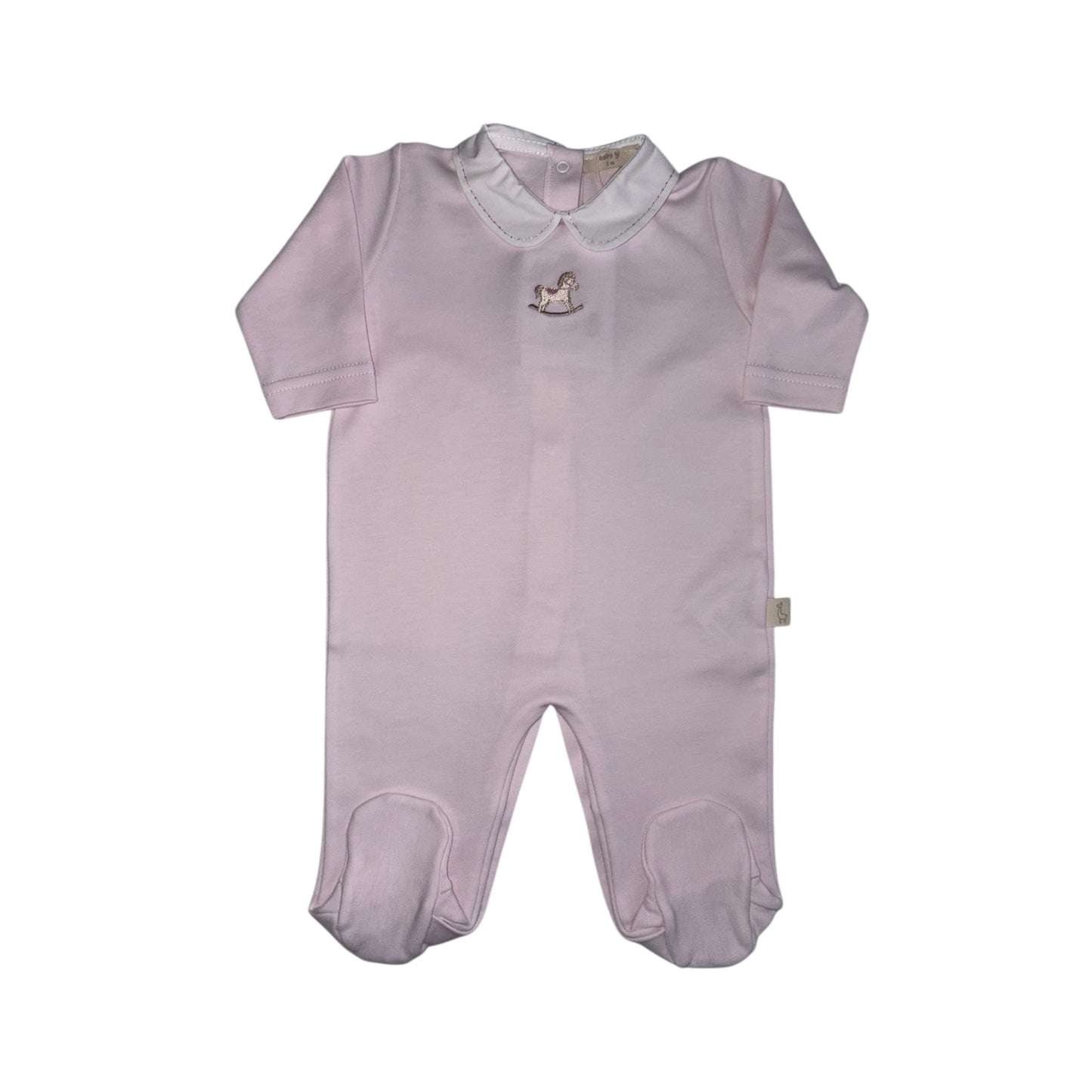 Tutina con piedi in cotone rosa ricamo cavallo a dondolo