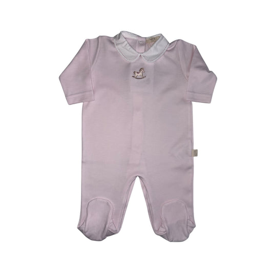 Tutina con piedi in cotone rosa ricamo cavallo a dondolo
