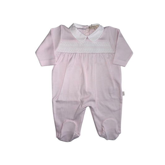Tutina con piedini in cotone rosa con punto smock