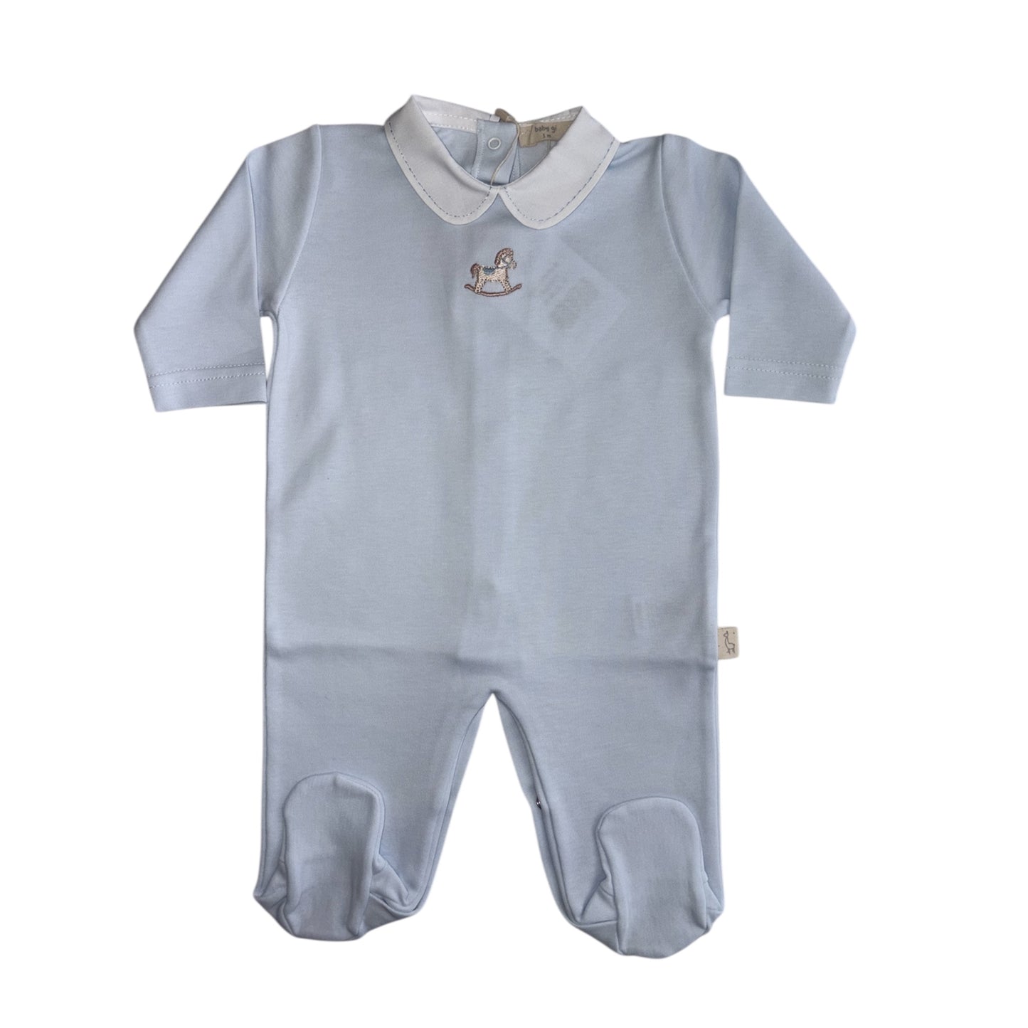 Tutina con piedi in cotone azzurro con ricamo cavallo a dondolo