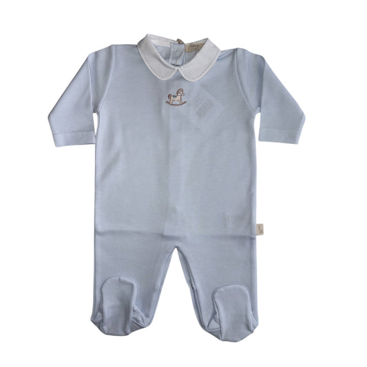 Tutina con piedi in cotone azzurro con ricamo cavallo a dondolo