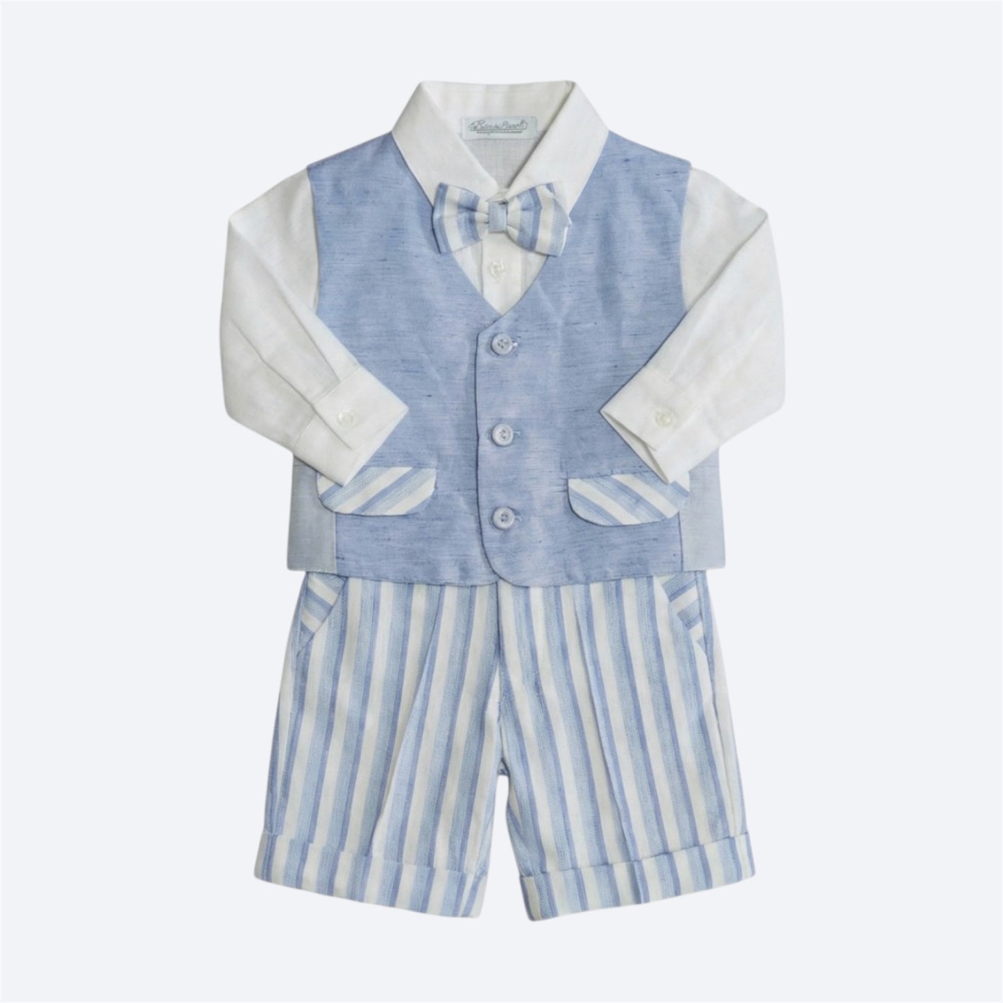 Completo da cerimonia bimbo stile marinaretto con gilet azzurro e pantaloncini a righe