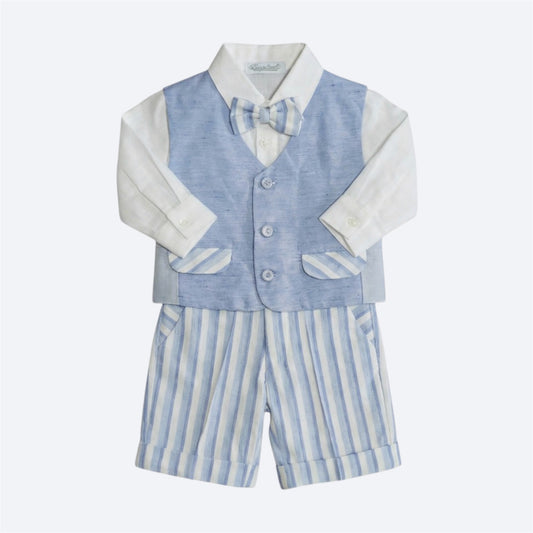 Completo da cerimonia bimbo stile marinaretto con gilet azzurro e pantaloncini a righe