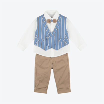 Completo da cerimonia bimbo con gilet doppiopetto a righe azzurre e pantaloni marroni