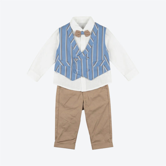Completo da cerimonia bimbo con gilet doppiopetto a righe azzurre e pantaloni marroni