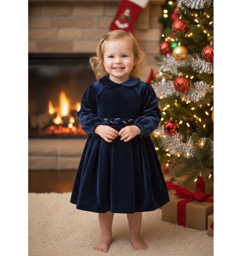 Abito in velluto blu notte con  dettaglio fiocco e cintura