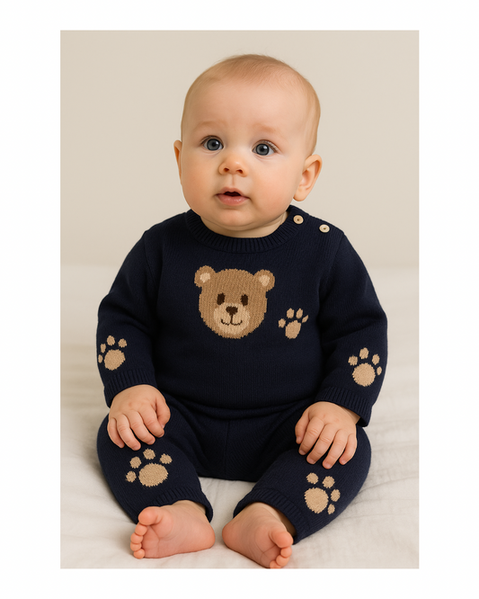 Completo Neonato in lana merino Blu Navy con Orsetto e Impronte
