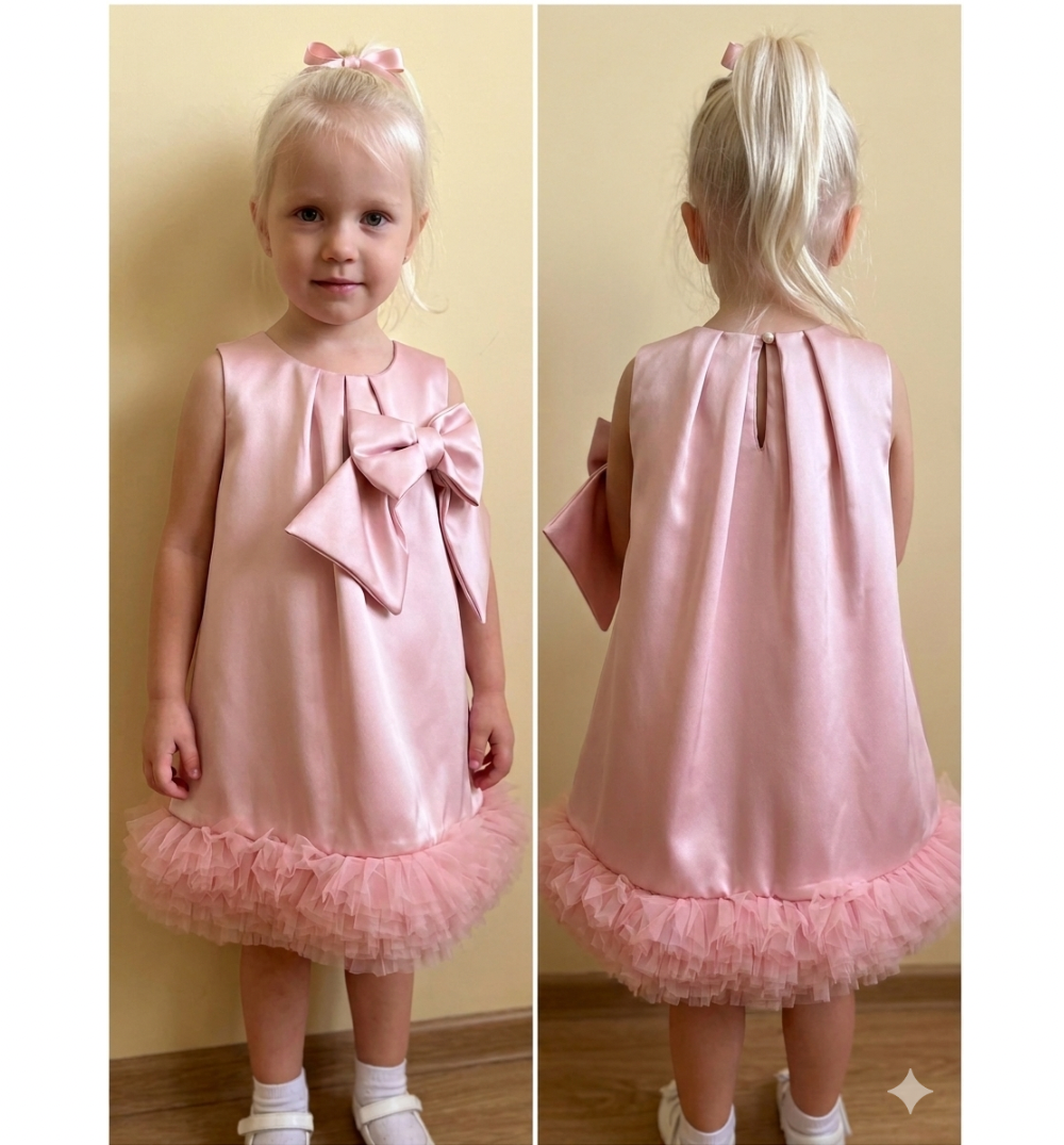 Abito cerimonia da bambina in raso rosa con fiocco e orlo in tulle